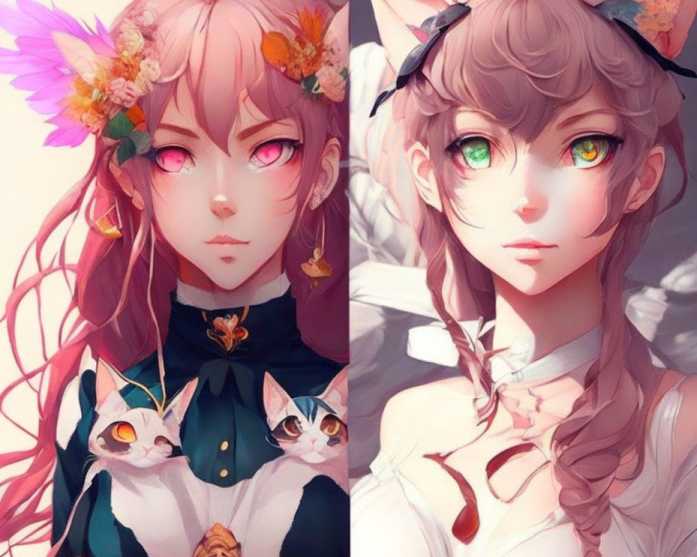 Illustrations of girls with cat features and vibrant eyes, one with pink hair and flowers, the other