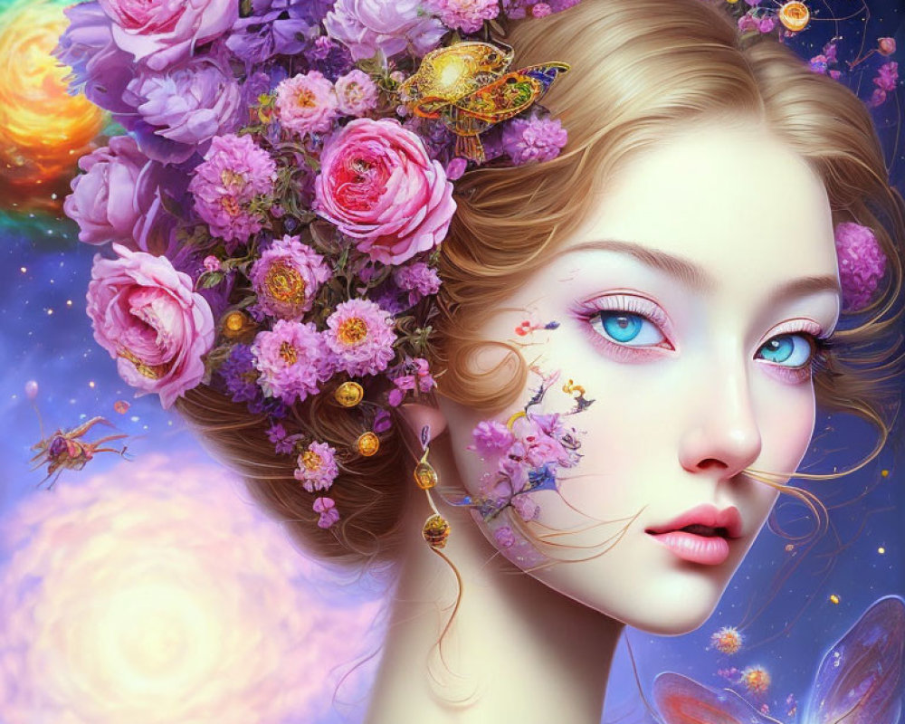 Colorful surreal portrait of woman with flowers and butterflies in cosmic setting
