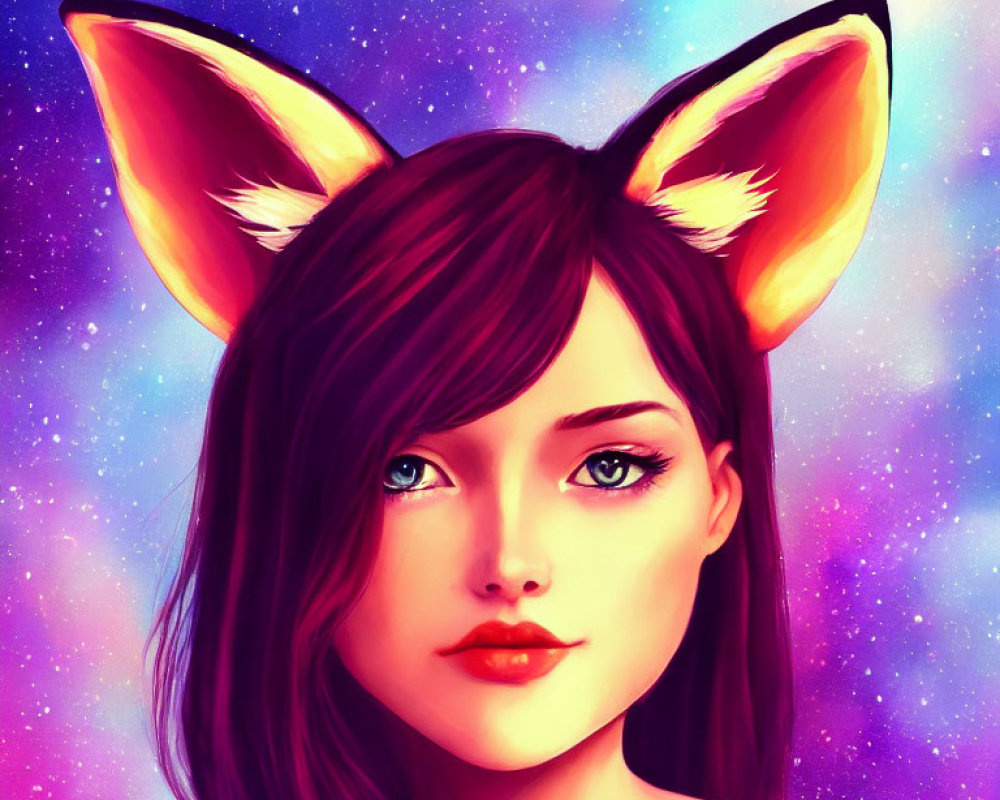 Woman with Fox Ears in Vibrant Galaxy Illustration