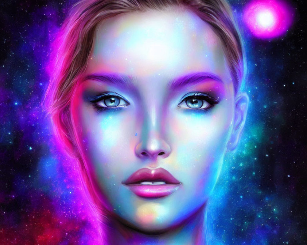 Digital illustration: Woman's face with cosmic makeup in vibrant starry space nebula.