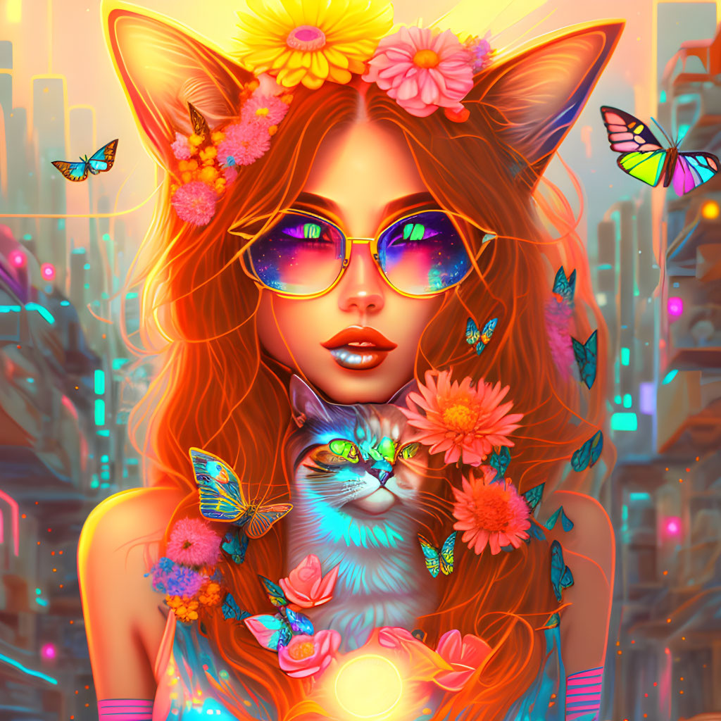 Colorful Illustration of Woman with Fox Ears and Cat in Cityscape