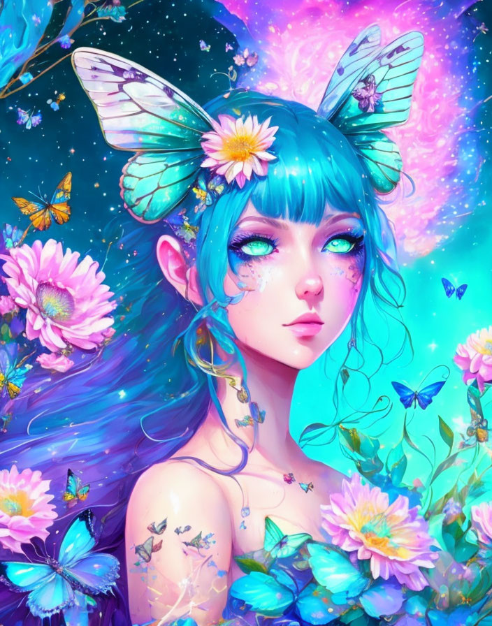 Colorful female with blue hair and butterfly wings in a starry scene