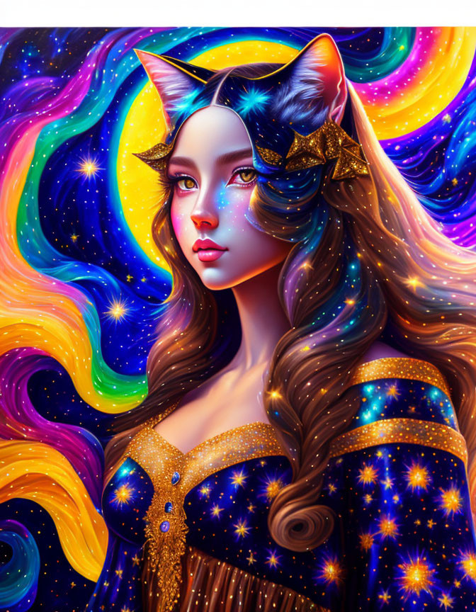 Woman with Cat Ears in Cosmic Galaxy Illustration