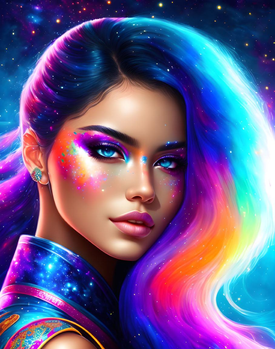Colorful galaxy-themed digital artwork of a woman blending into cosmic background