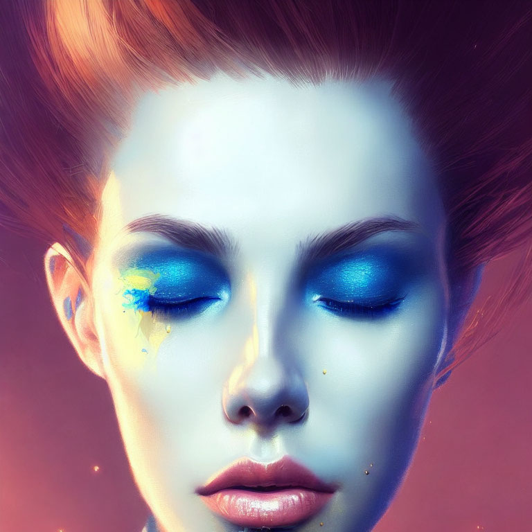 Vibrant digital illustration of woman with blue eyeshadow and orange hair on red backdrop