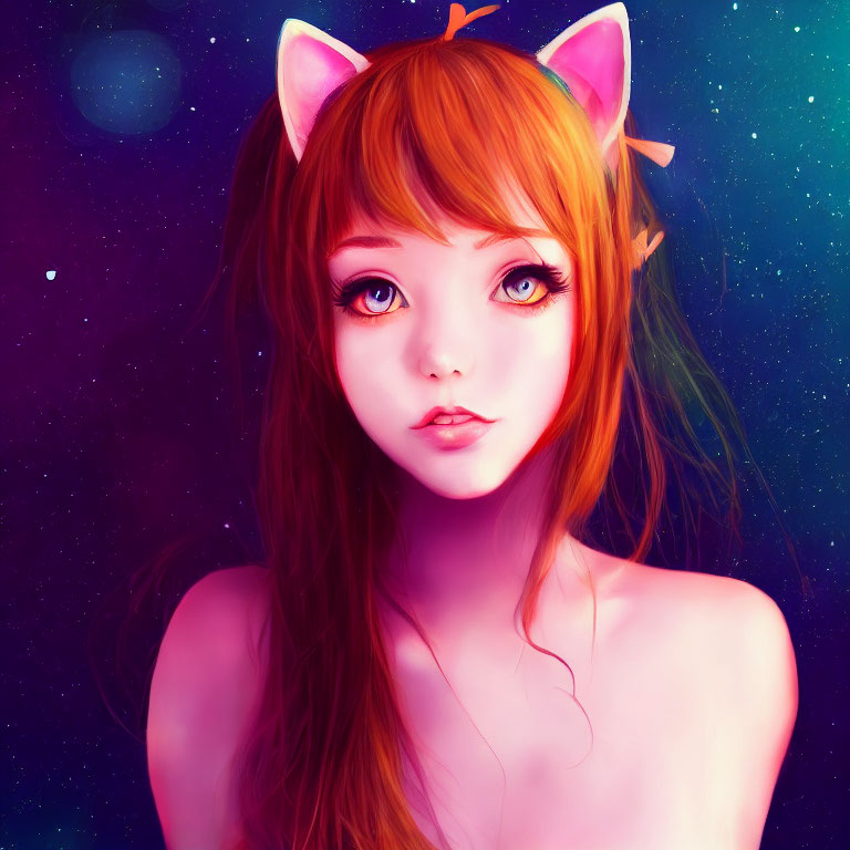 Illustration: Young woman with orange cat ears and amber eyes on cosmic purple backdrop