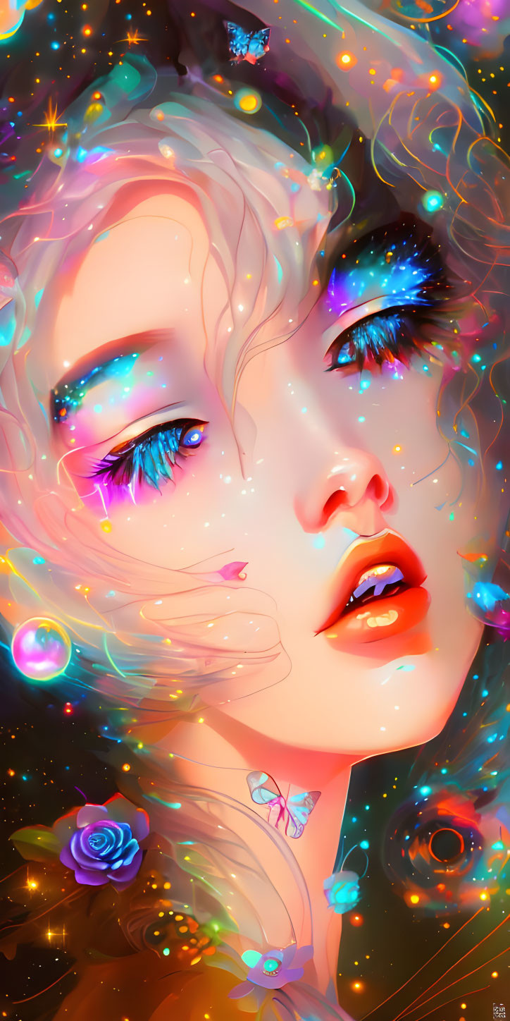 Vibrant cosmic-themed woman with celestial elements and flowers.