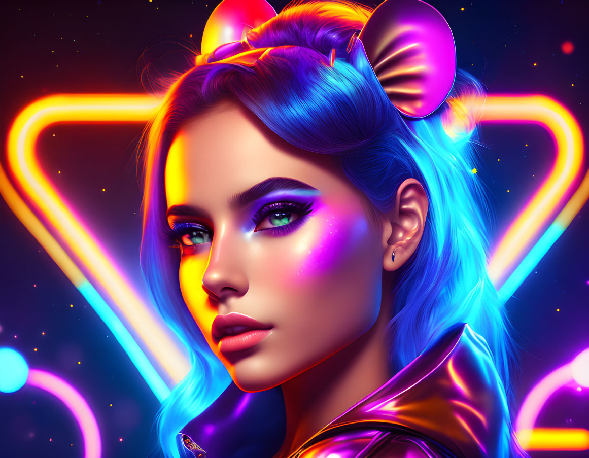 Colorful digital artwork: Woman with blue hair and neon makeup, neon shapes in background
