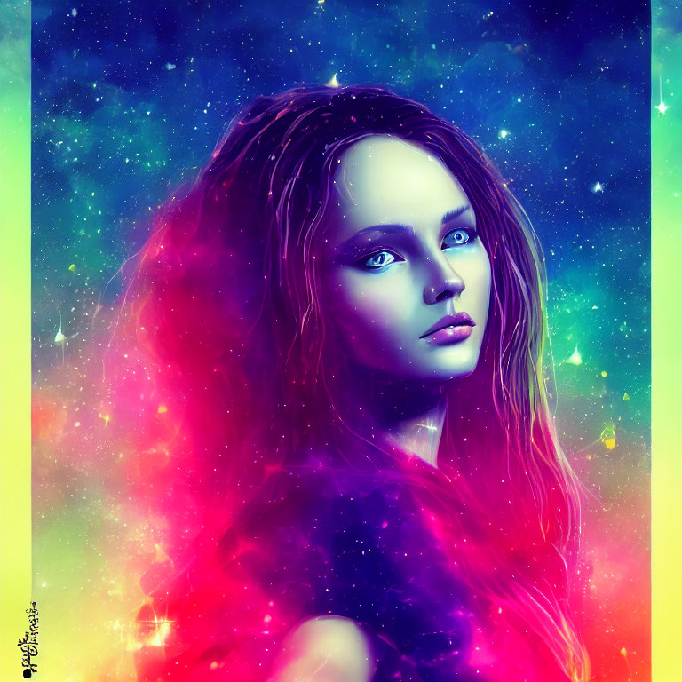 Colorful portrait of a woman with blue eyes and nebula hair in starry space.