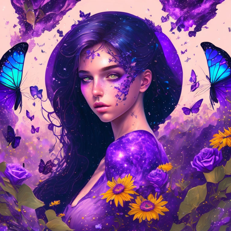 Fantasy portrait of a woman with purple galaxy skin, butterflies, flowers, and cosmic aura.