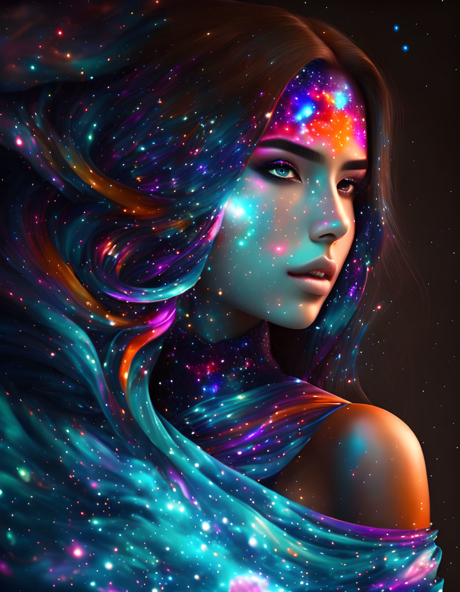 Woman's surreal portrait blending hair and skin into cosmic nebula in blue, purple, and pink hues
