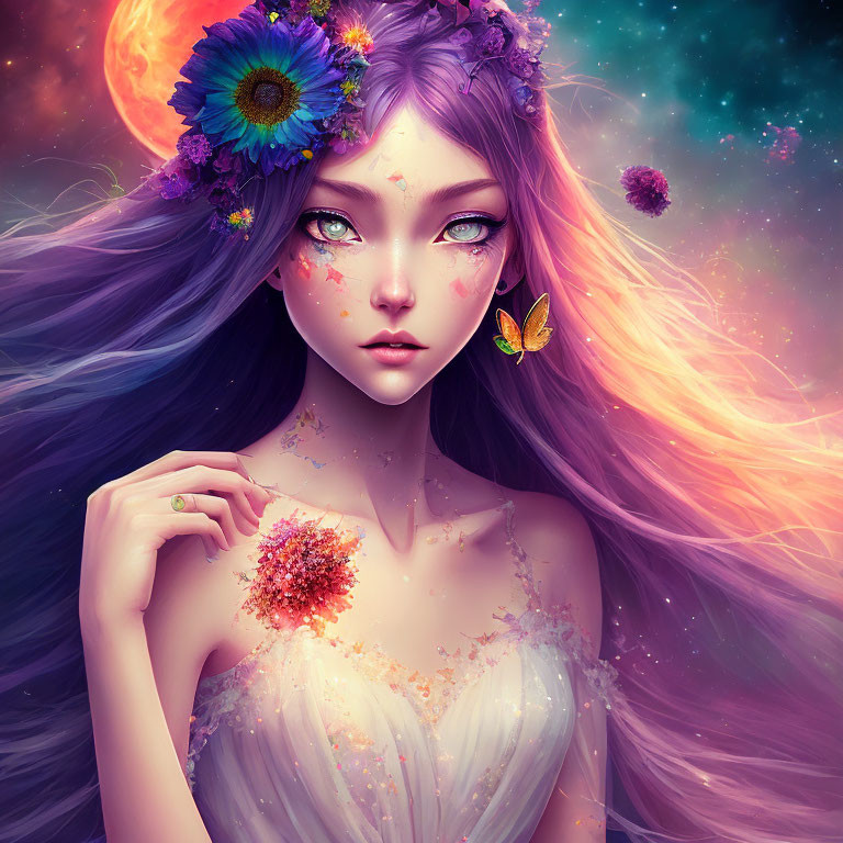 Colorful Illustration: Girl with Purple Hair, Flowers, Butterfly, Cosmic Sky