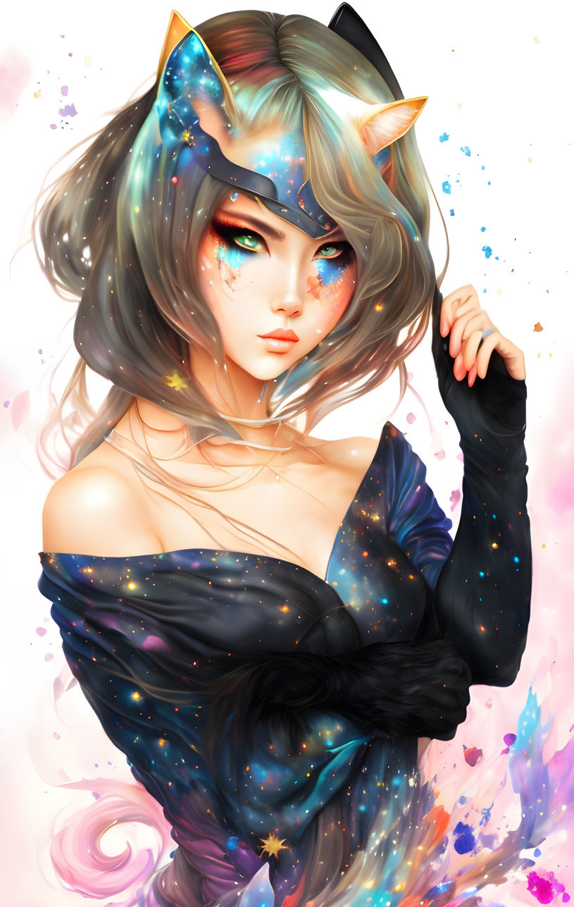 Illustrated female figure with cat ears and cosmic mask in pastel swirls and starry details