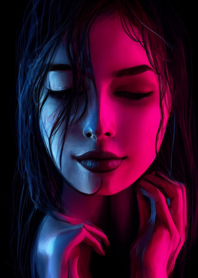 Portrait of woman in serene expression under vivid neon lights