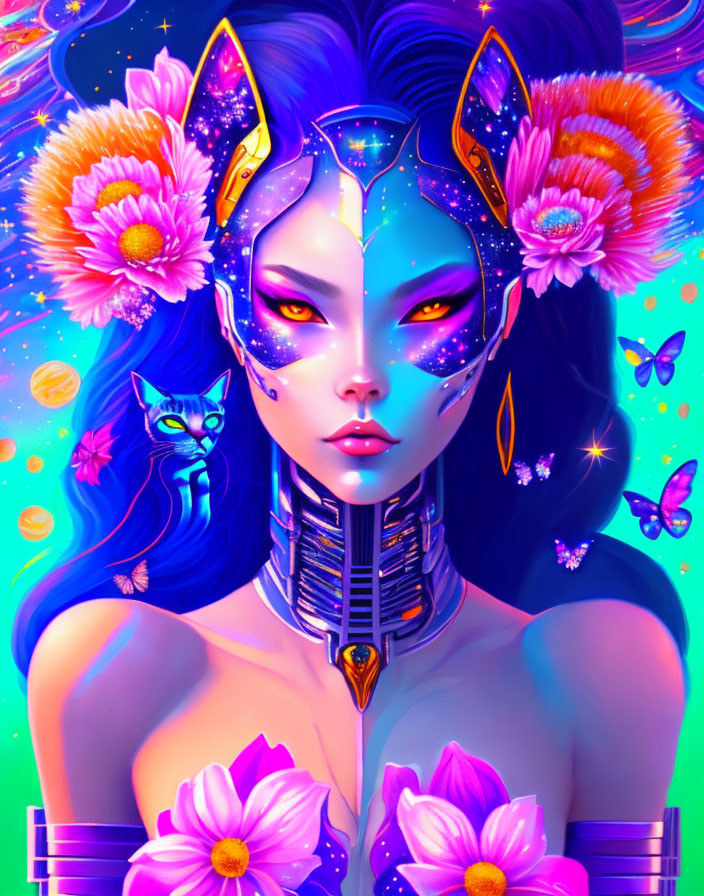 Female figure with galaxy skin, cat-like ears, mystical eyes, flowers, butterflies, futuristic collar