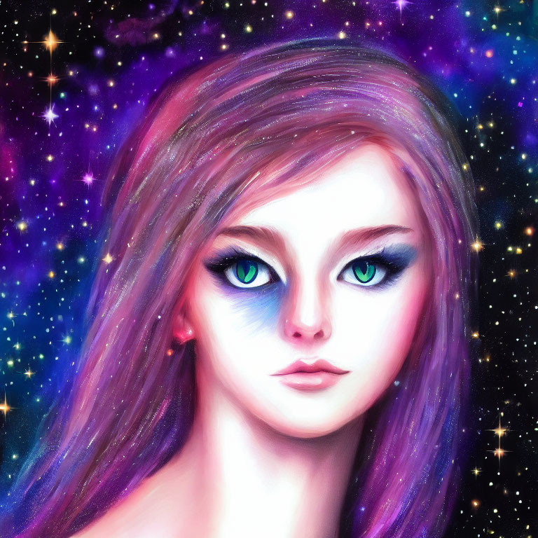 Woman with Green Eyes and Purple Hair in Cosmic Starry Digital Artwork