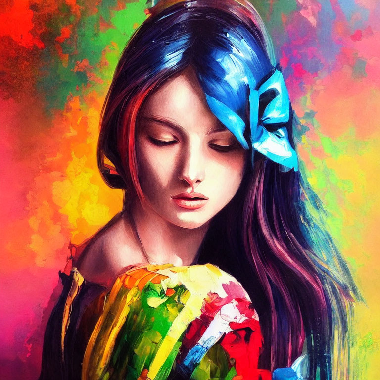 Colorful portrait of a girl with blue bow and vibrant brush strokes