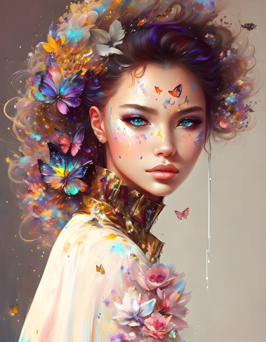 Colorful digital portrait of a woman with flowing hair and vibrant butterflies and flowers.