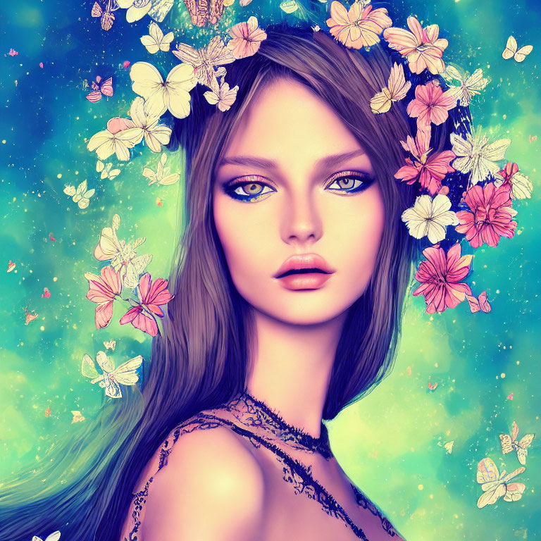 Digital Portrait of Woman with Blue Eyes, Flowers, and Butterflies on Teal Background