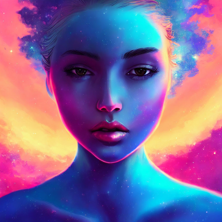 Vibrant digital artwork of a woman with blue skin in cosmic setting