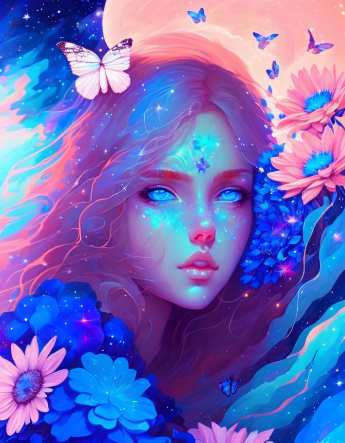 Ethereal digital artwork featuring woman with blue skin and butterflies