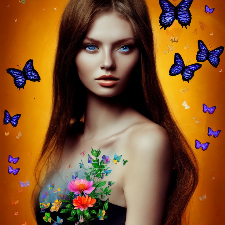 Woman with Striking Blue Eyes Surrounded by Butterflies and Flowers on Warm Background