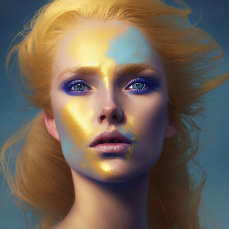 Portrait of Woman with Striking Blue Eyes and Golden Face Paint Highlights