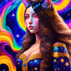 Woman with Cat Ears in Cosmic Galaxy Illustration