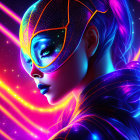 Colorful digital illustration of woman with cosmic makeup, neon colors, futuristic visor, and stylized