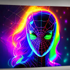 Half-face woman portrait with Spider-Man mask on cosmic neon background