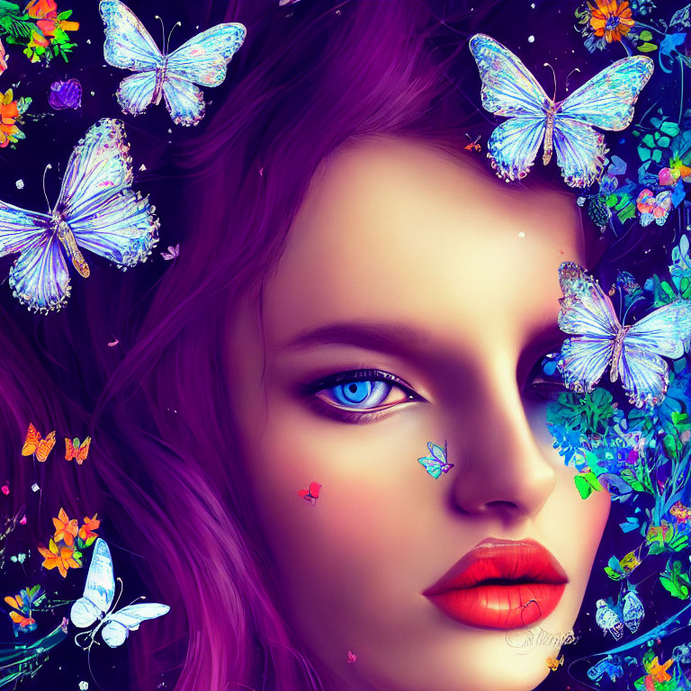 Colorful artwork of woman with blue eyes and purple hair and butterflies on dark floral background