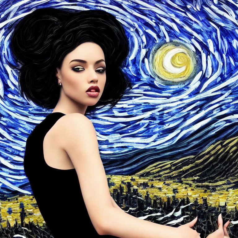 Digital portrait of woman with bold makeup and voluminous hair against Van Gogh-inspired background.