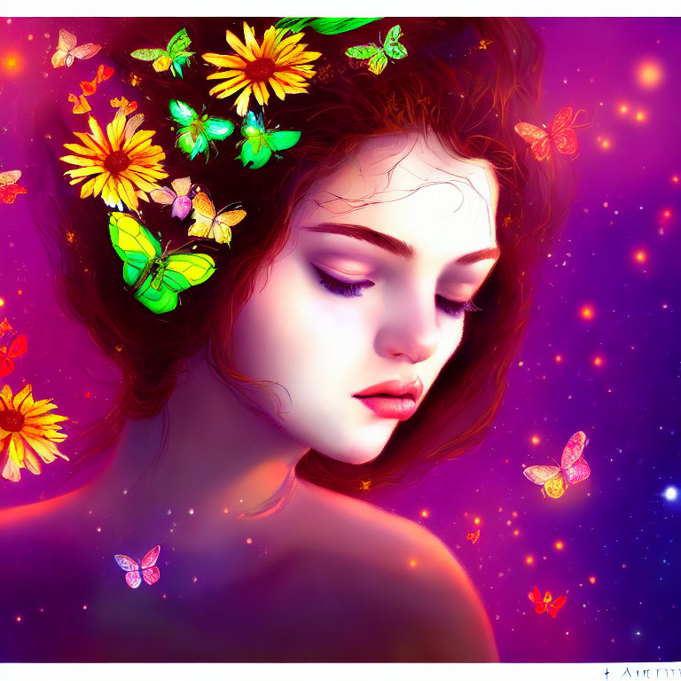 Digital artwork: Woman with closed eyes, vibrant flowers, butterflies, cosmic purple background