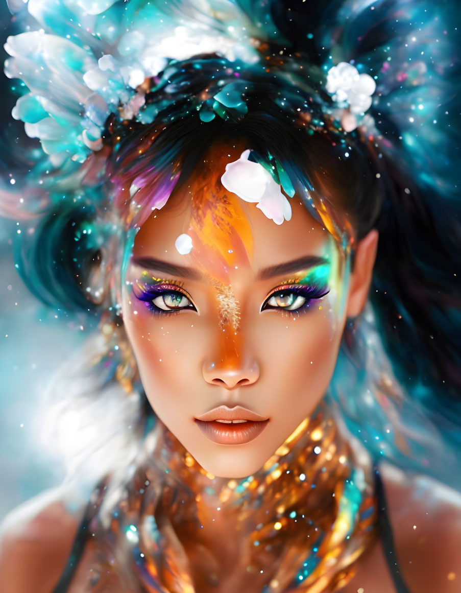 Cosmic-themed makeup and galaxy-inspired hair portrait.