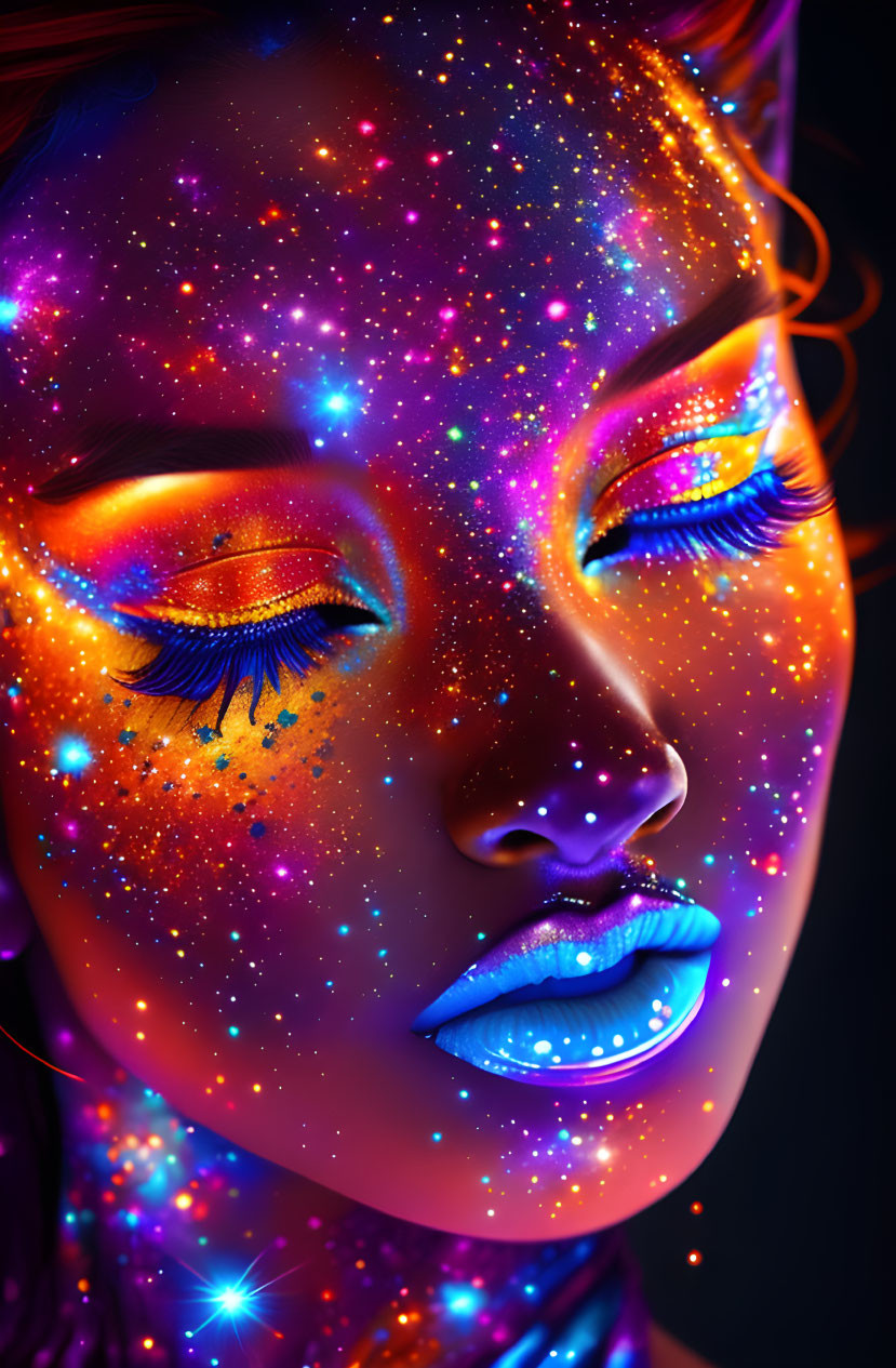 Colorful woman portrait with cosmic face paint and sparkling stars for a dreamy look