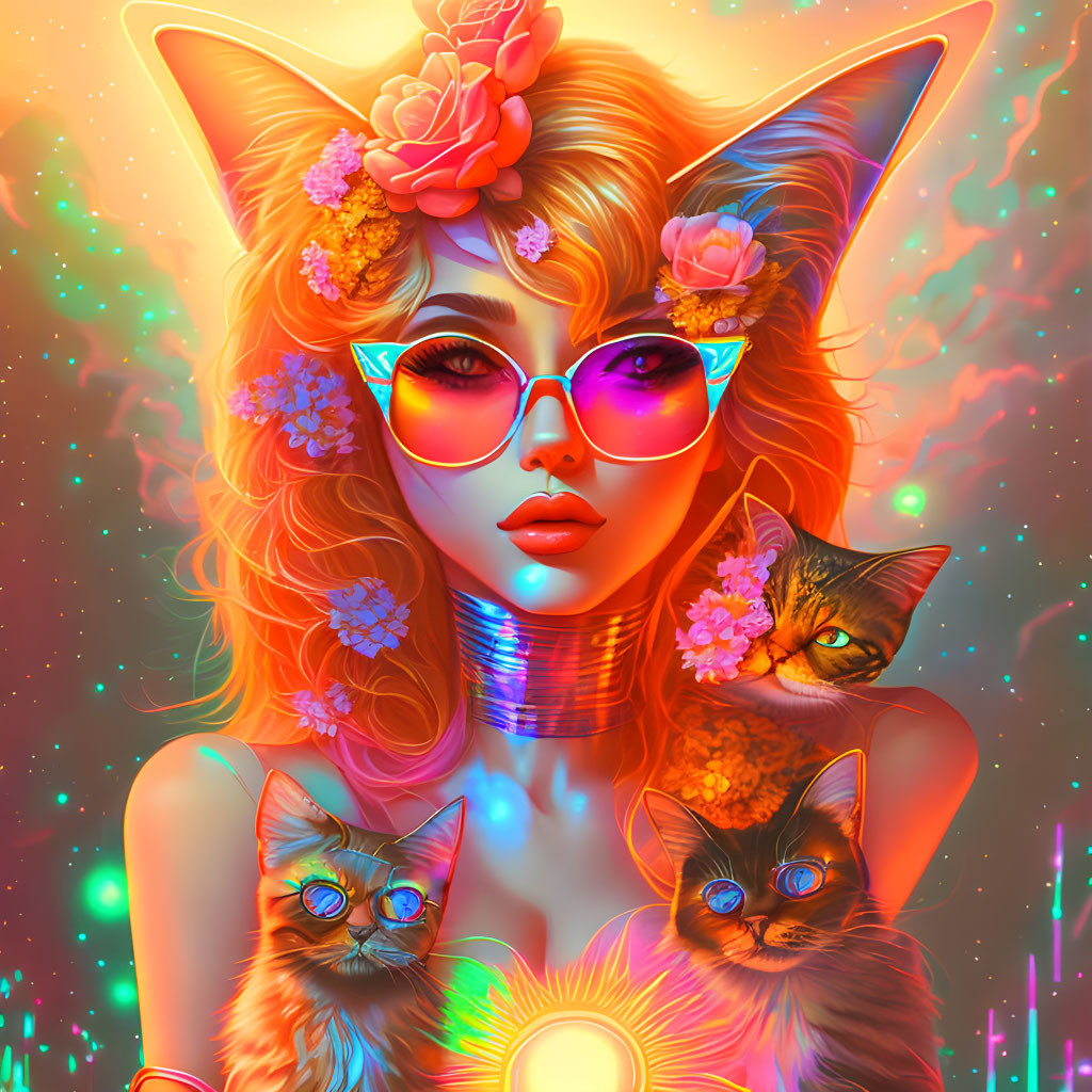 Colorful Artwork: Woman with Cat Features, Neon Background