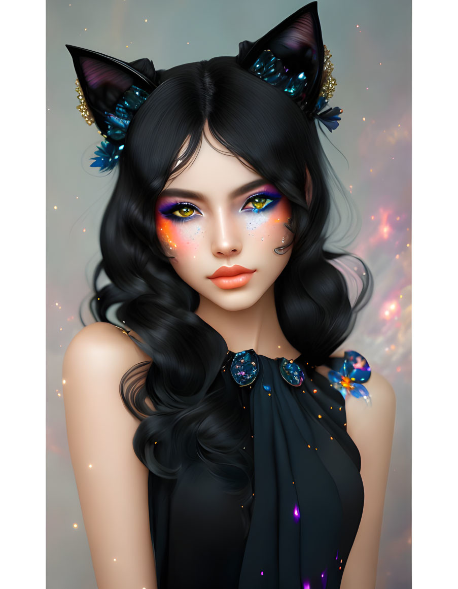 Vibrant makeup and cat ears on woman with curly hair in dark dress