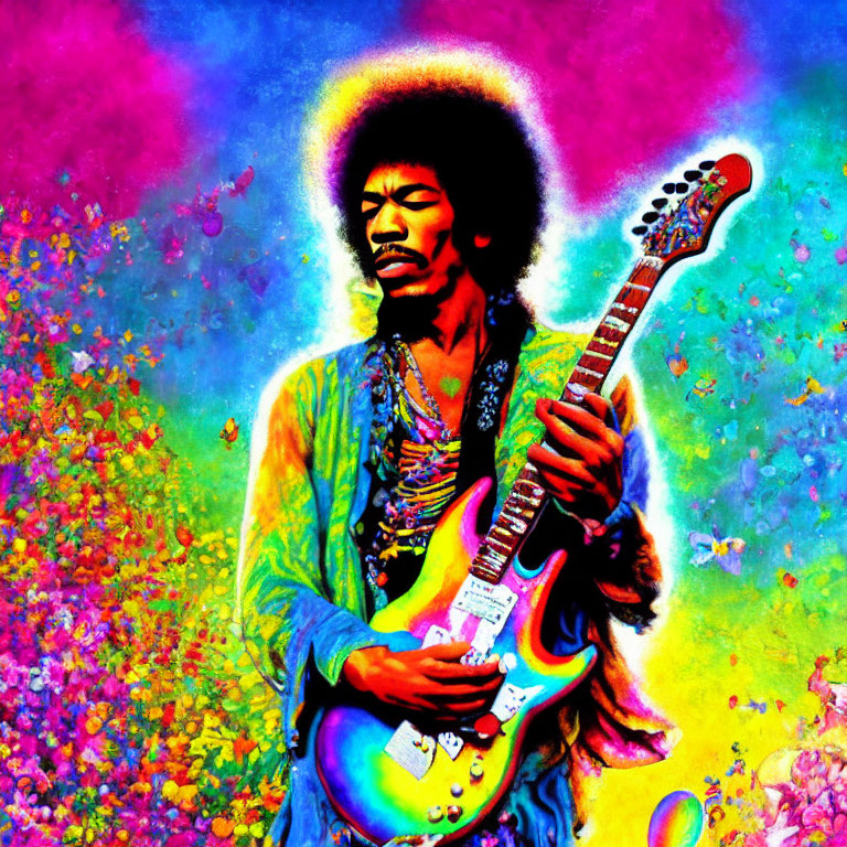 Vibrant psychedelic painting of a guitar player with afro