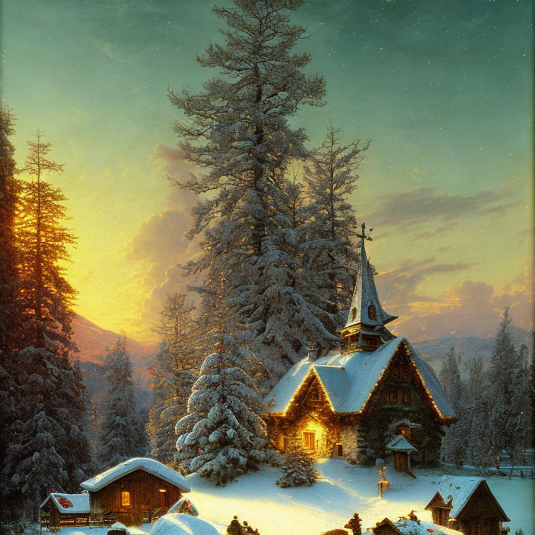 Snow-covered chapel in serene winter landscape with tall trees and warm sunset glow