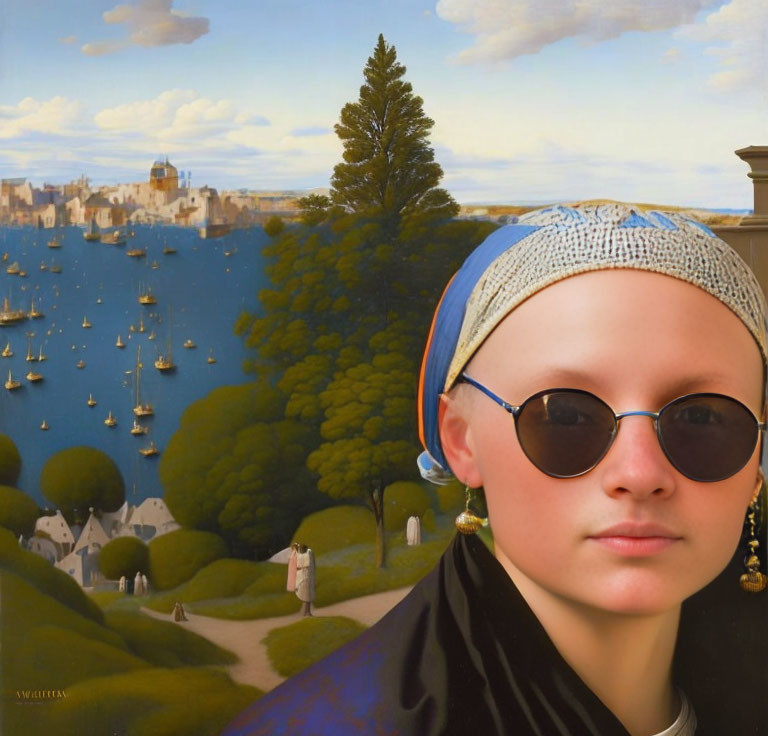 Young person with round sunglasses and pearl earring in Renaissance-style landscape.