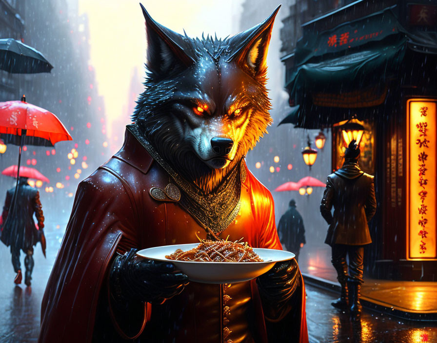 Anthropomorphic wolf in leather jacket with noodles in neon-lit street
