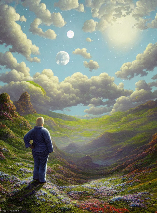 Man on Flower-Covered Hillside with Surreal Sky and Moon