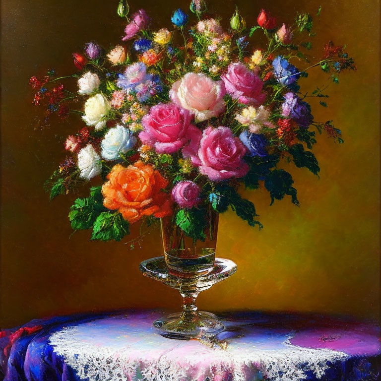 Colorful Rose Bouquet in Glass Vase on Draped Table with Dark Background