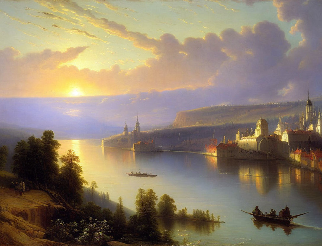 Sunset river scene with boats, cityscape, and hills under cloud-streaked sky