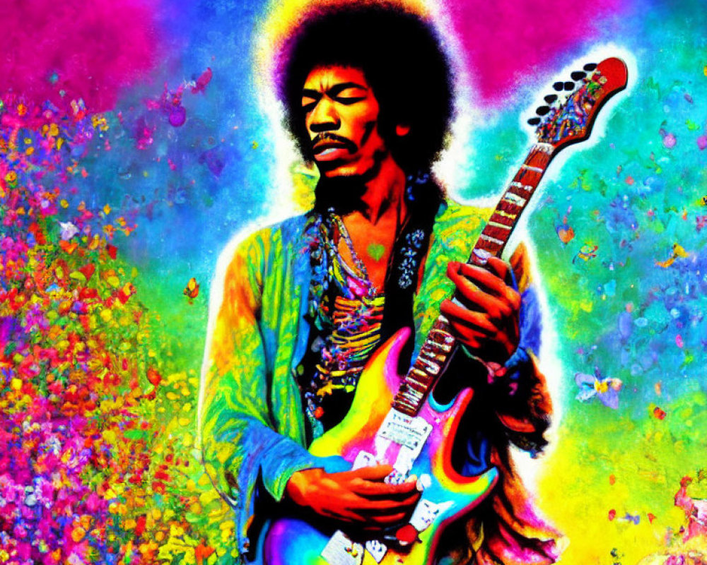 Vibrant psychedelic painting of a guitar player with afro
