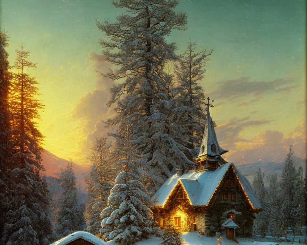 Snow-covered chapel in serene winter landscape with tall trees and warm sunset glow