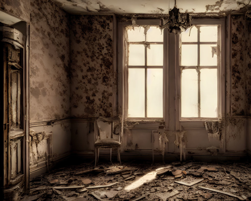 Desolate room with peeling walls, lone chair, sunlight through windows