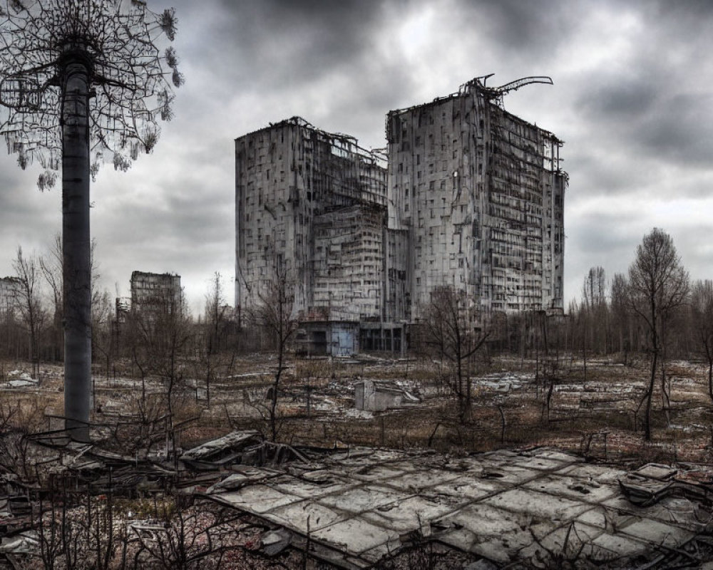 Abandoned high-rise buildings in desolate post-apocalyptic landscape