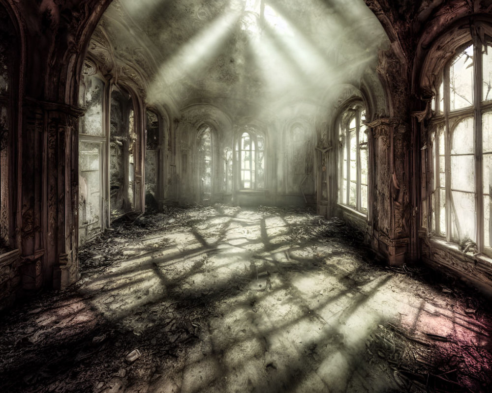 Sunlit abandoned room with ornate decor and shadows on dusty floor