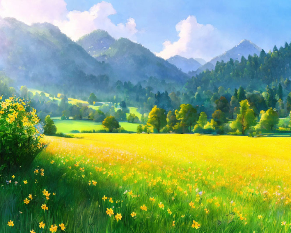 Scenic landscape with yellow flower field, green trees, and mountains